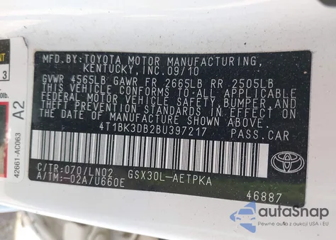 2011 Toyota Avalon Limited z USA, uszkodzony, nr VIN 4T1BK3DB2BU397217